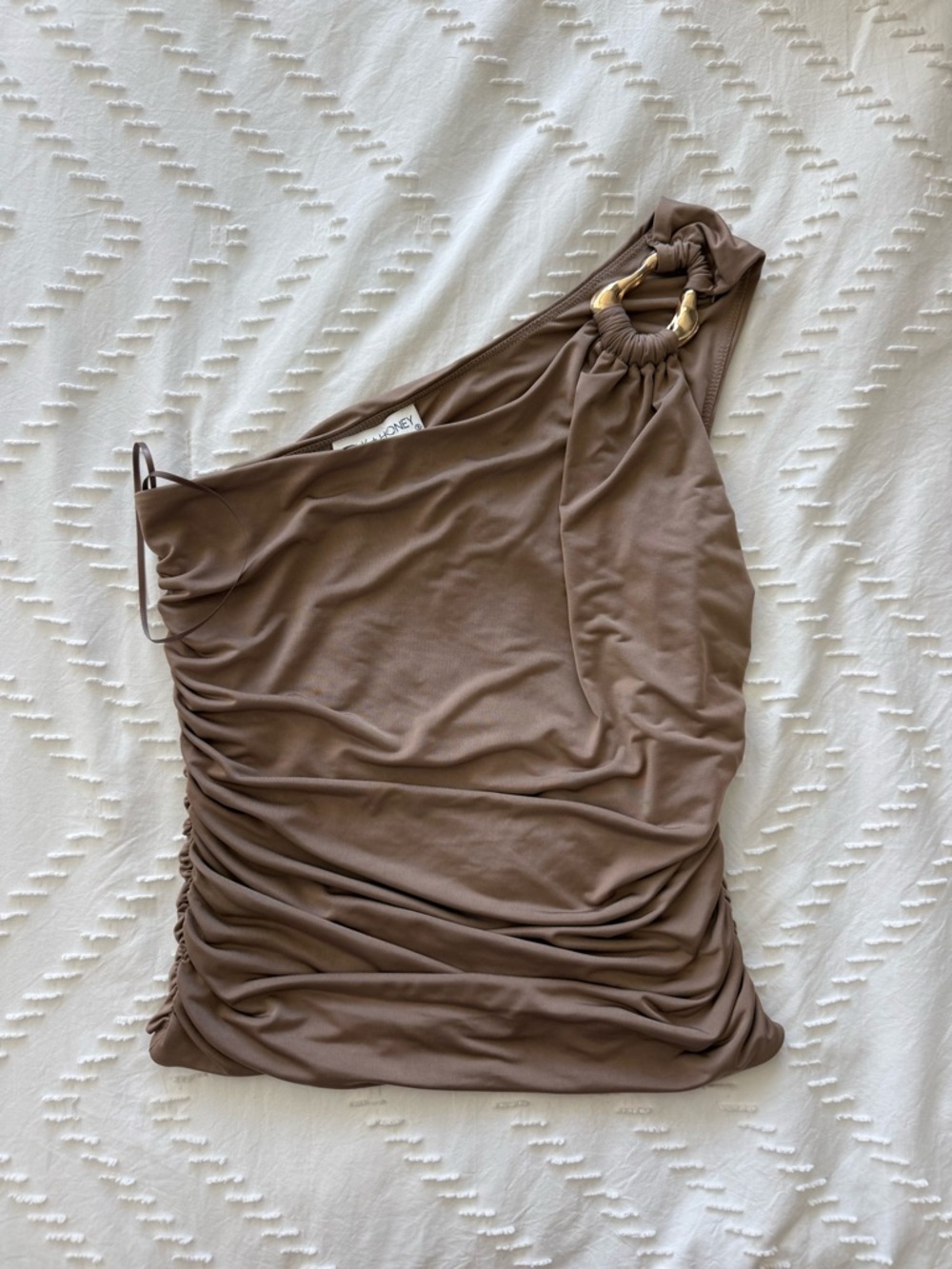 One-Shoulder Ruched Top with Gold Ring Detail in Brown
